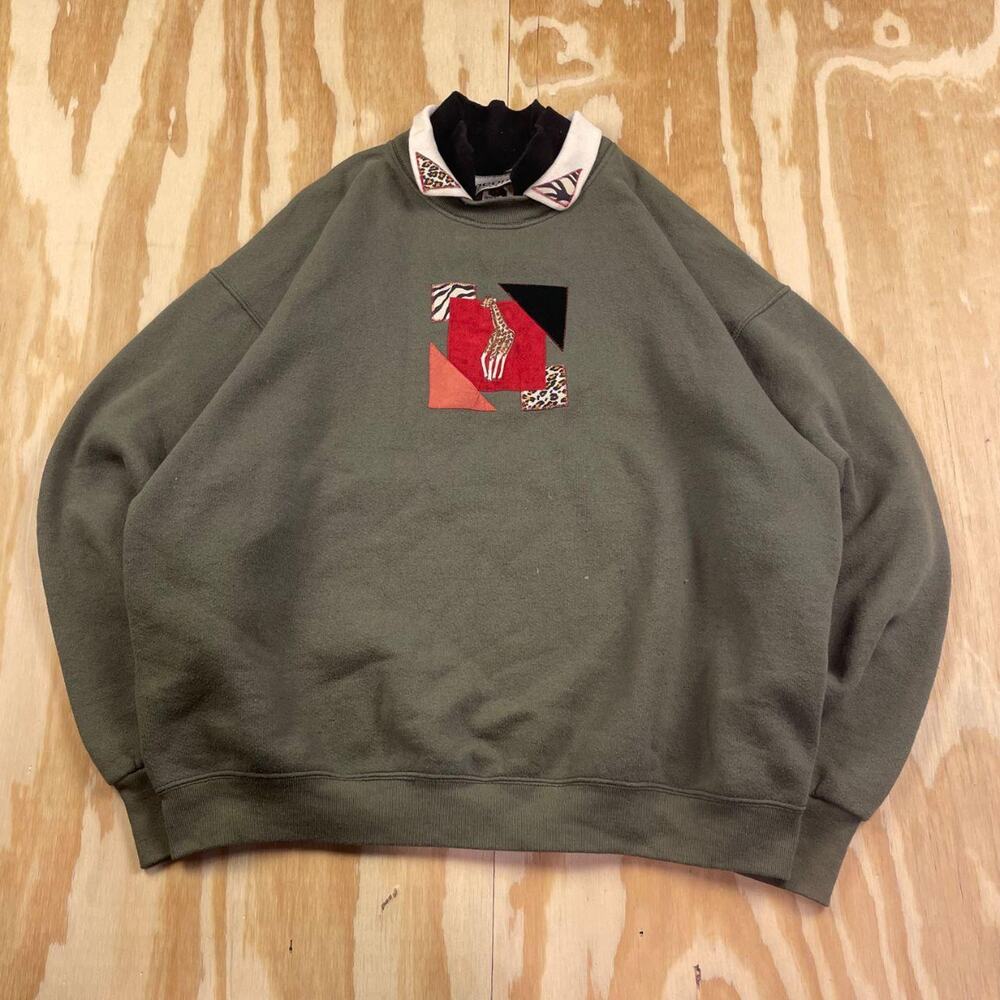 Vintage 90s Savannah Giraffe Embroidered Crewneck – Green –Made in USA– Men’s L
